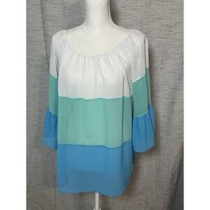 GIBIU Blue/Aqua/White Color Block Striped Sheer Blouse On/Off Shoulder Medium